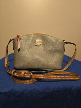 Dooney & Bourke Gray Pebbled Leather Crossbody Bag with Brown Trim